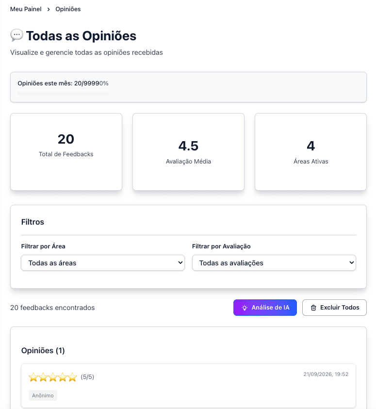 Painel de opiniões da Klientti com avaliação média e feedbacks recentes